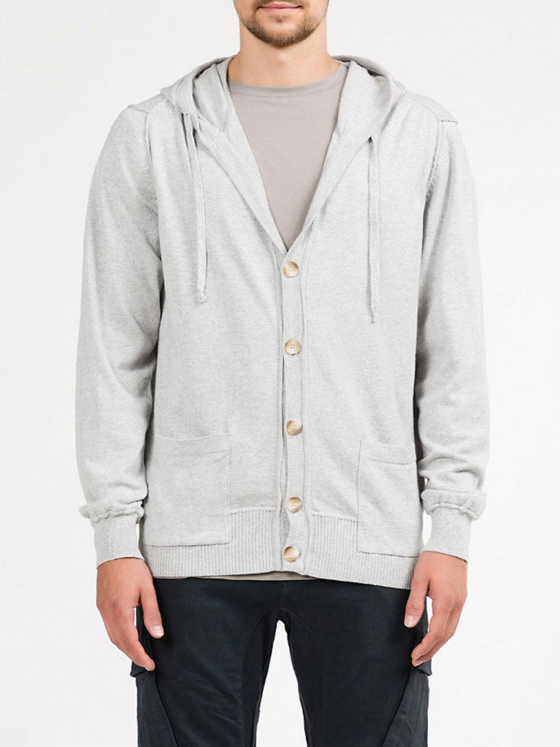 Cotton Blend Knitted Hooded Sweater Melange Grey