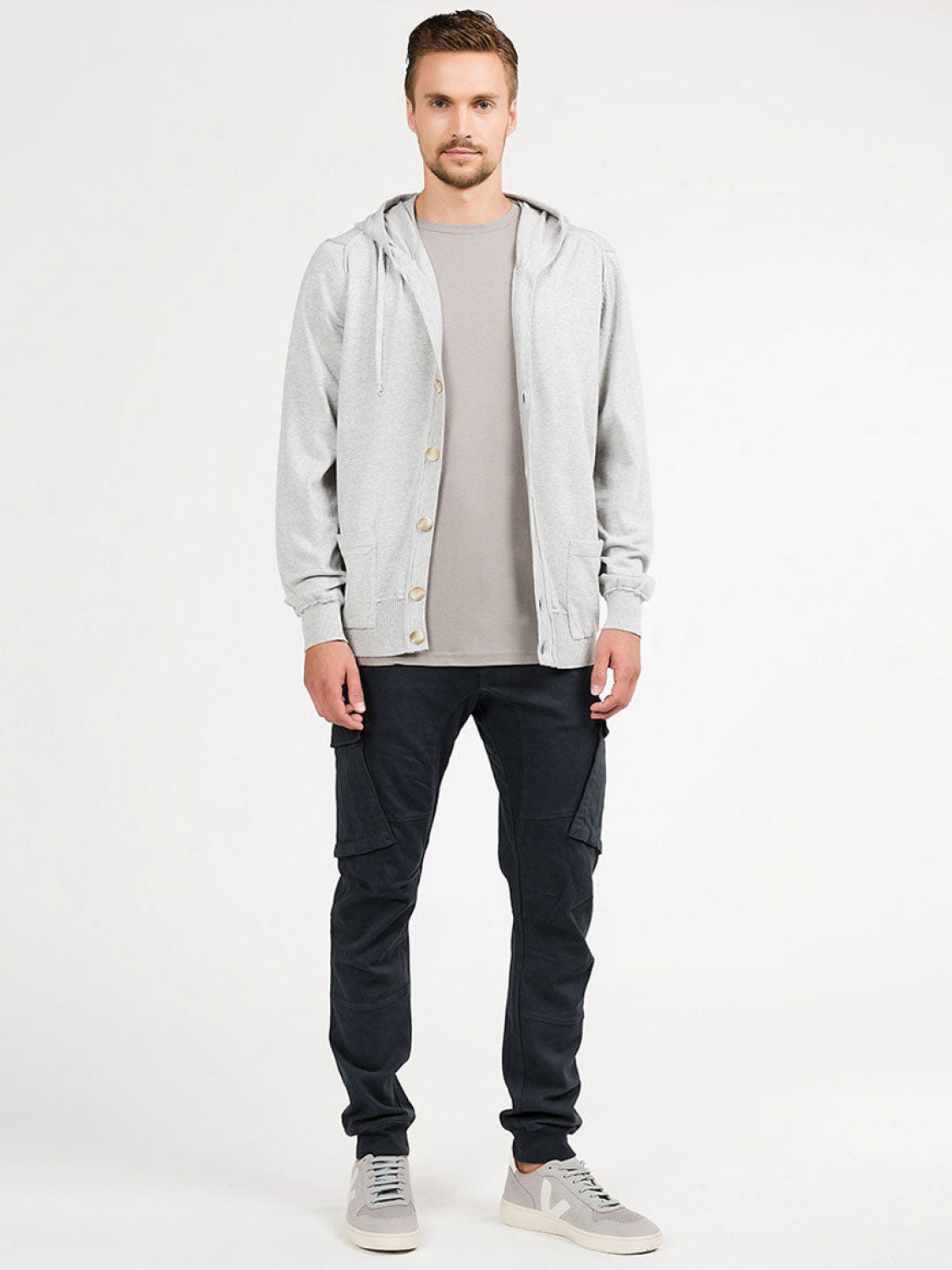 Cotton Blend Knitted Hooded Sweater Melange Grey