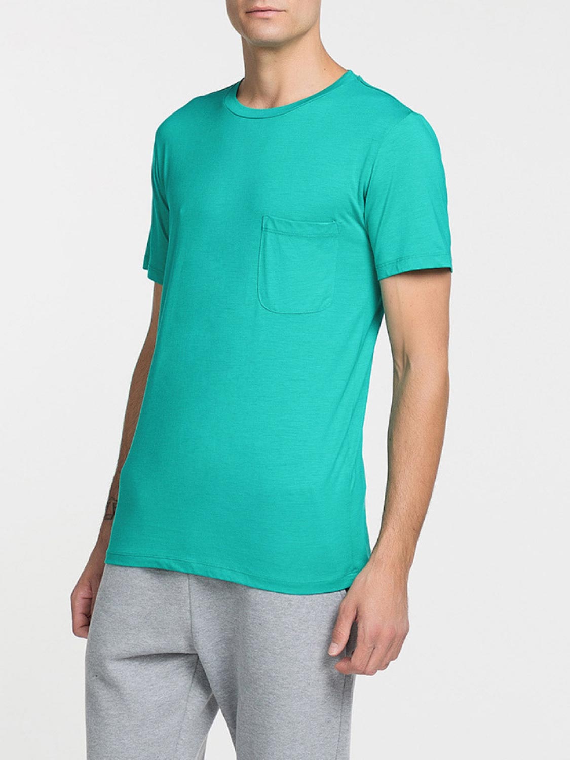 Crew Neck Modal-Blend Pocket T-shirt Cyan | C