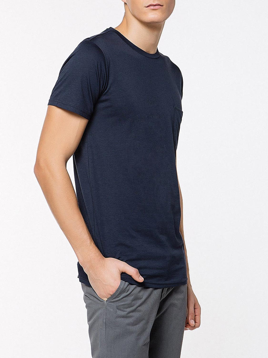 Crew Neck Modal-Blend Pocket T-Shirt Navy Blue | C