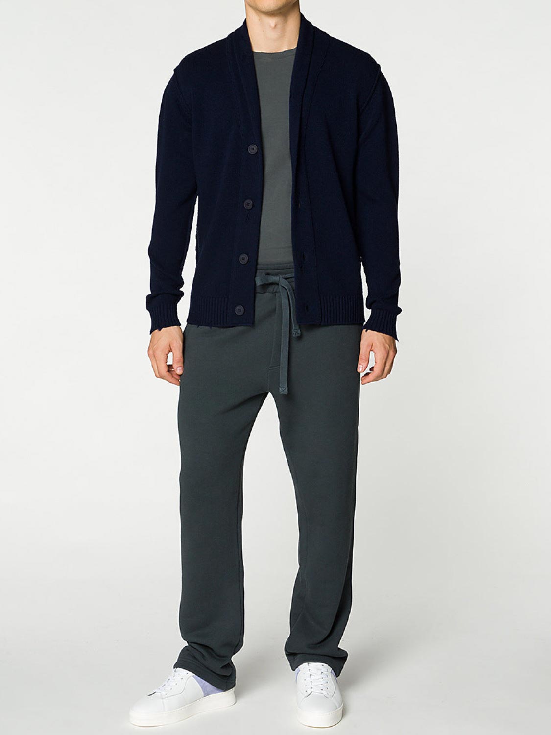 Shawl Collar Distressed Cardigan Virgin Wool Navy | E