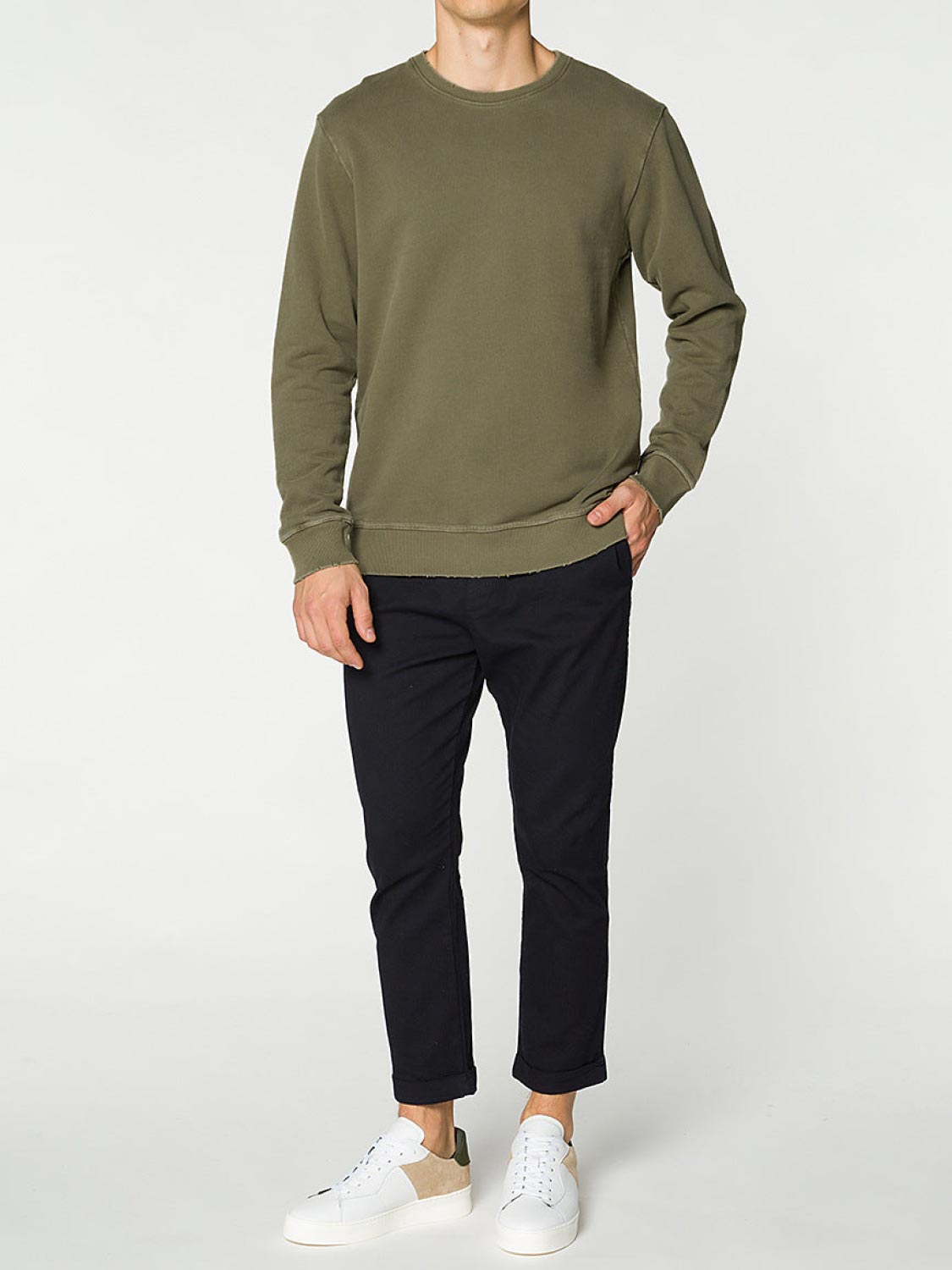 Distressed Crew-Neck Sweatshirt Khaki | E