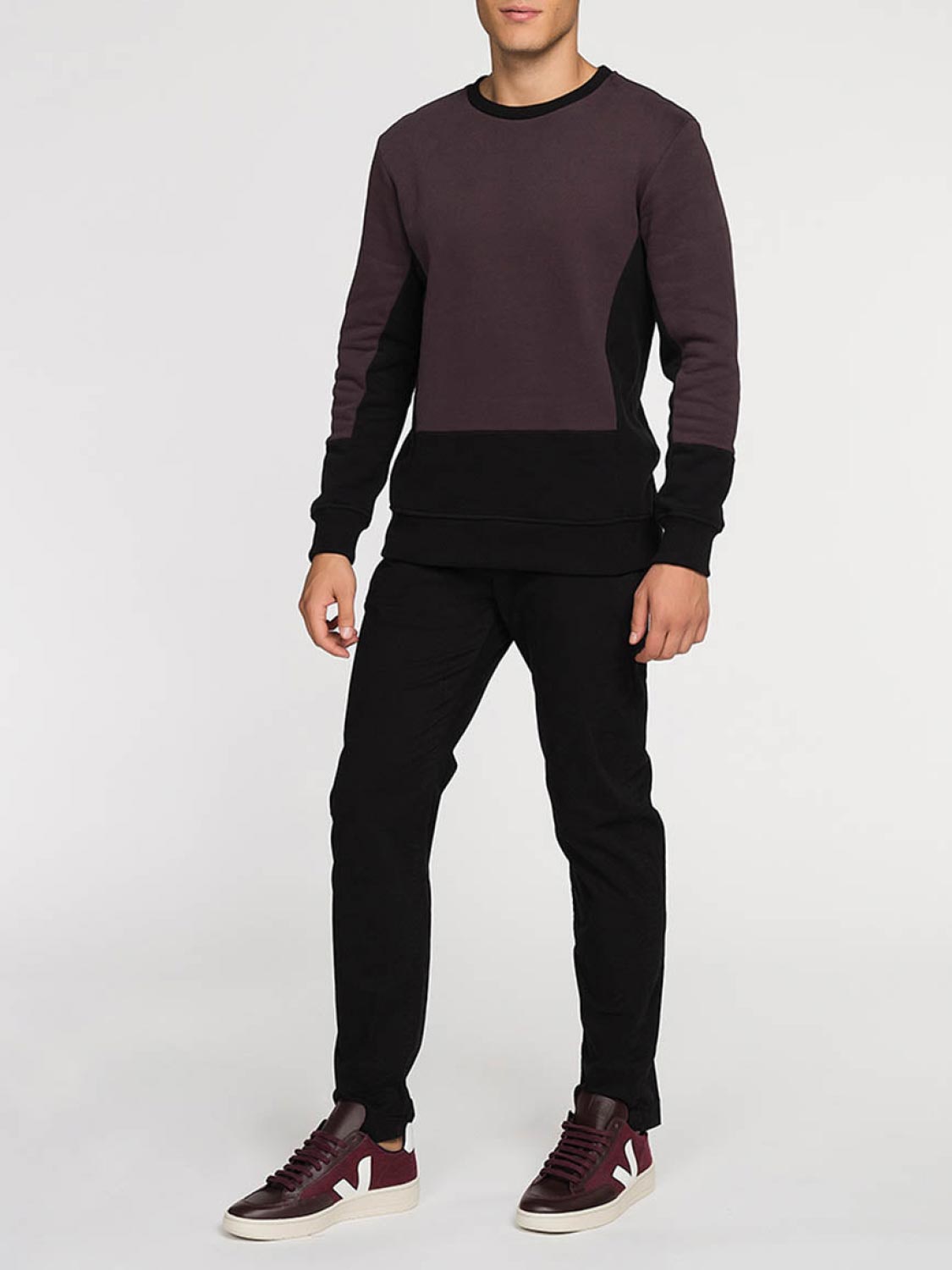 Horizontal Color Block Crew Neck Sweatshirt Burgundy | D