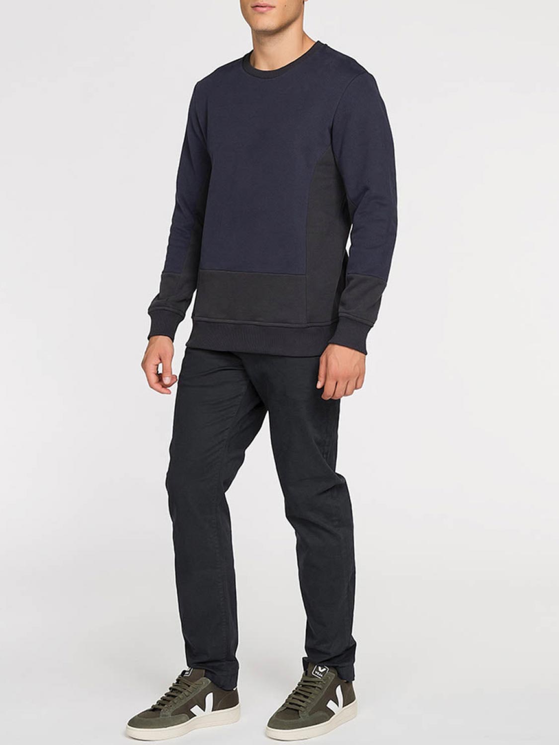Horizontal Color Block Crew Neck Sweatshirt Navy Blue | D