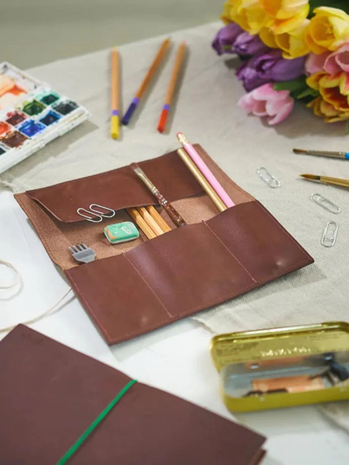 Paper Republic Le Porte Plume Leather Pen and Pencil Case Chestnut