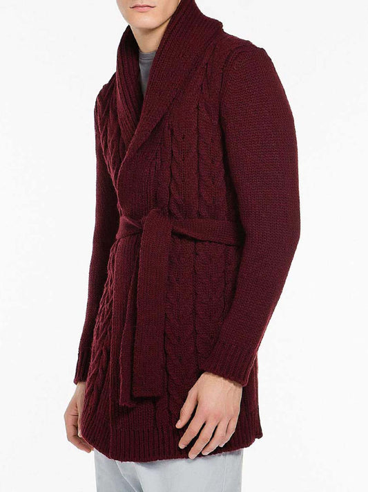The Project Garments Shawl Collar Wool Blend Belted Cardigan Burgundy