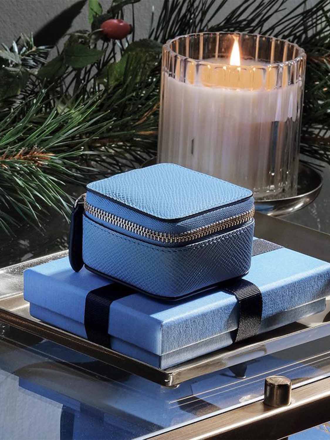 Smythson Large Square Trinket Case in Panama Nile Blue
