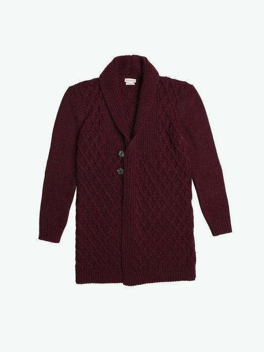 The Project Garments Two Button Shawl Collar Wool Blend Cardigan Burgundy