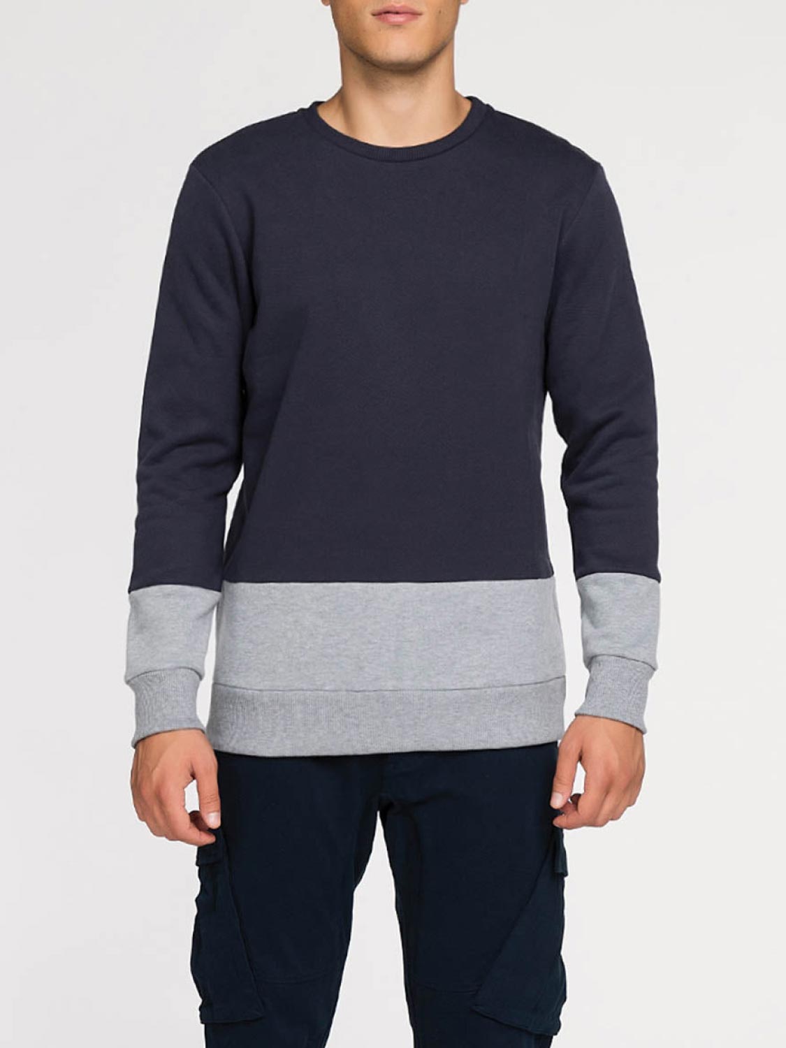 Vertical Color Block Crew Neck Sweatshirt Navy Blue | B