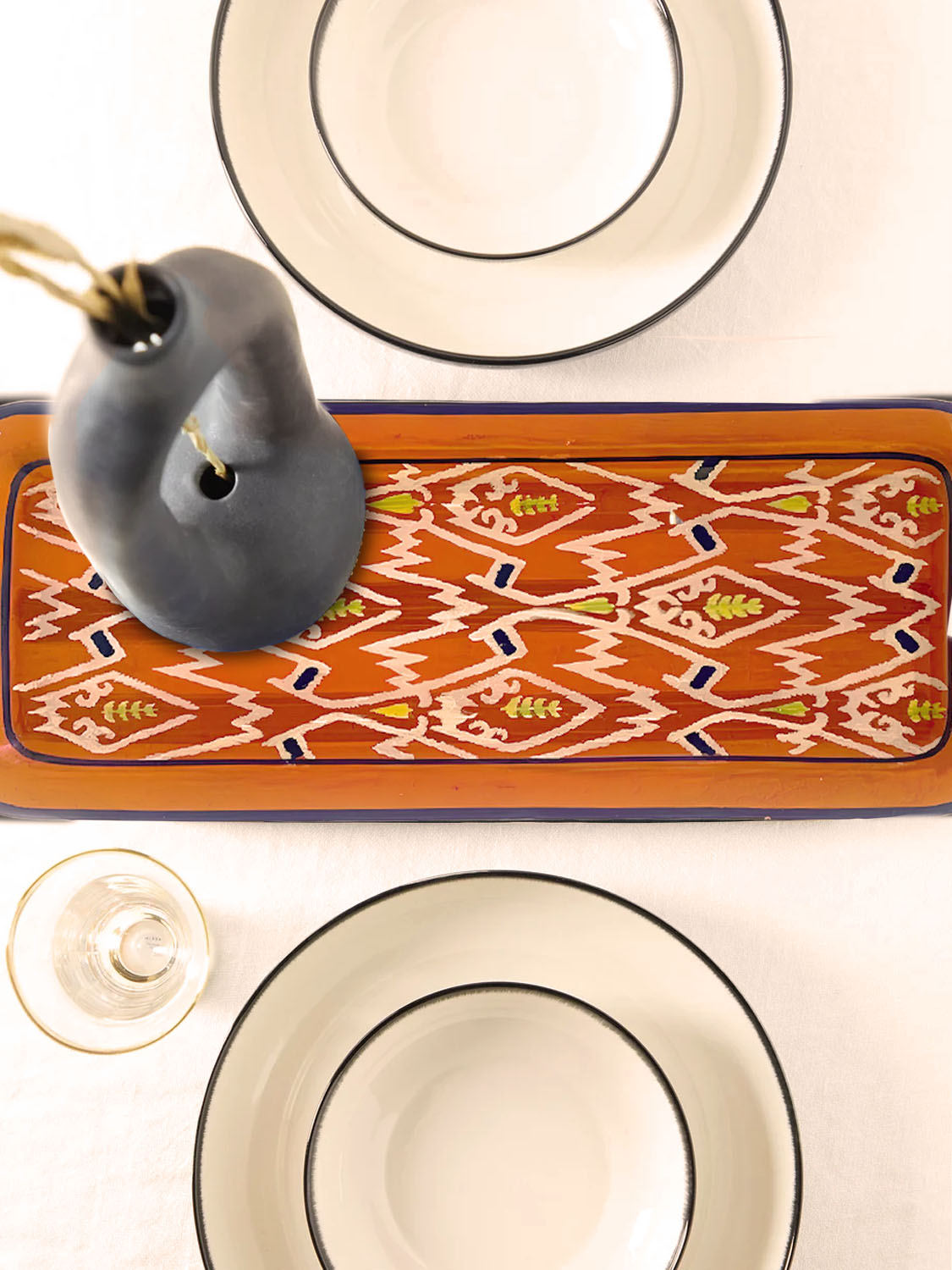 Les Ottomans Hand-Painted Iron Tray Ikat White