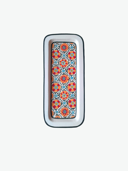 Les Ottomans Hand-Painted Iron Tray Ikat White