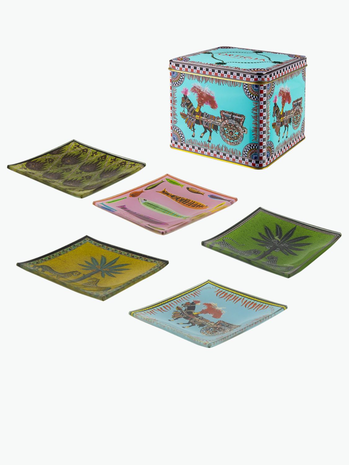 Ortigia Sicilia Tin Box Carretto with Glass Plates