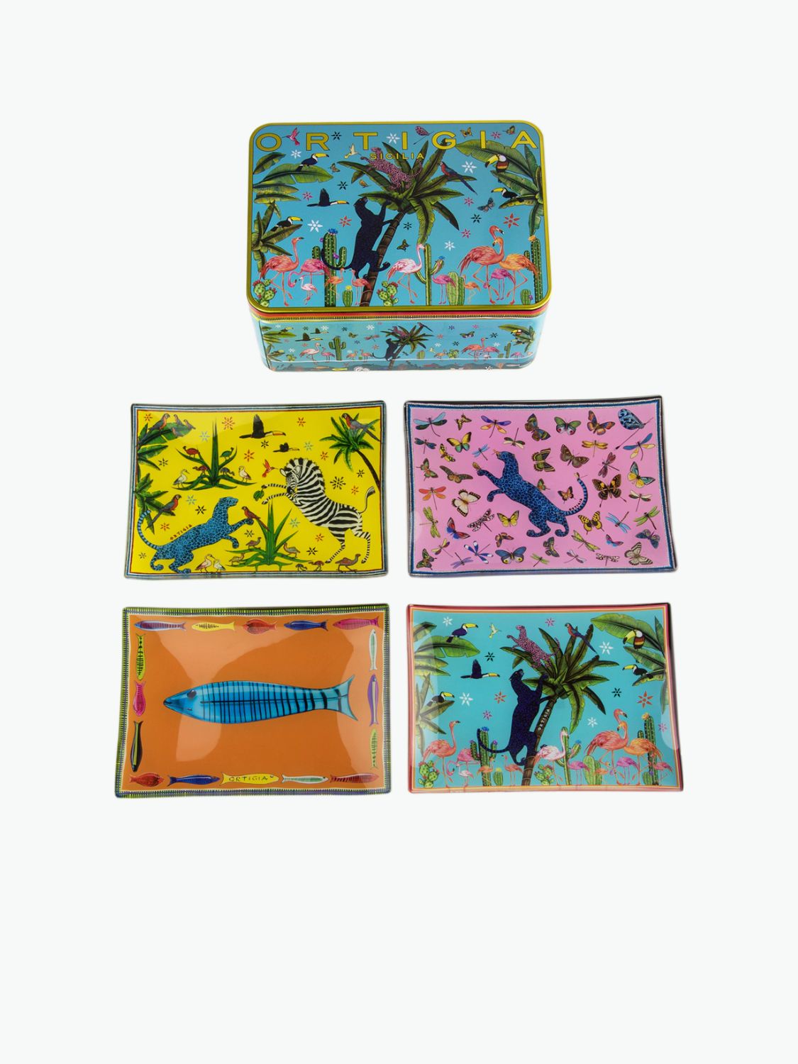 Ortigia Sicilia Tin Box Jungle with Glass Plates
