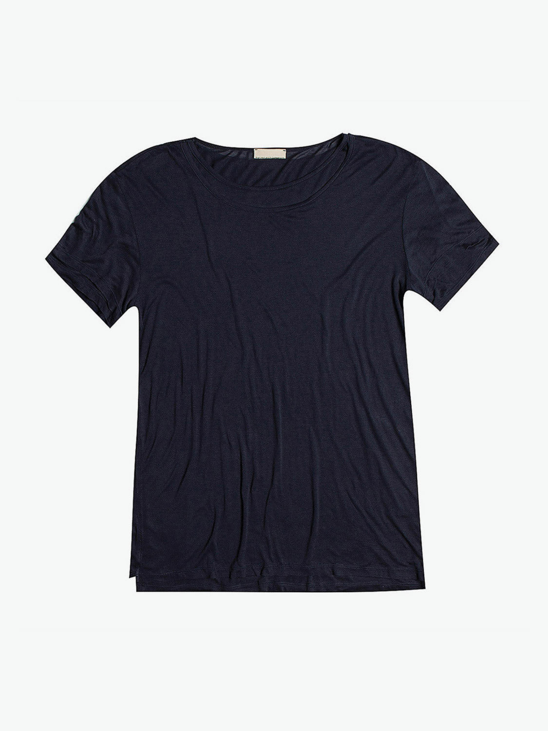 Silk Blend Double Layer Crew Neck T-shirt Navy Blue | A