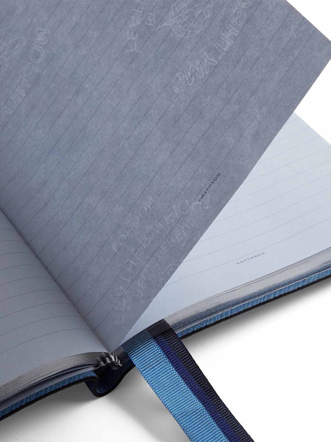 Smythson Printed Stripe Soho Notebook in Panama Nile Blue