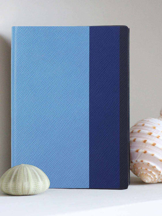 Smythson Printed Stripe Soho Notebook in Panama Nile Blue
